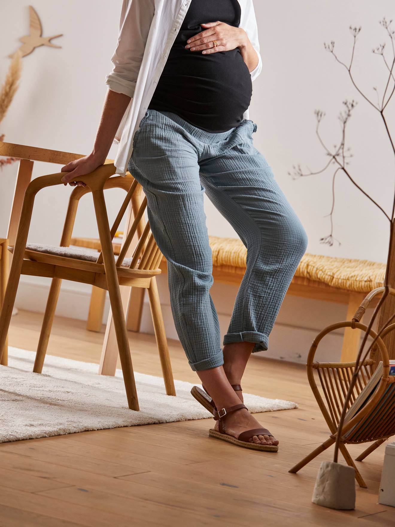 Maternity Trousers in Cotton Gauze green medium solid