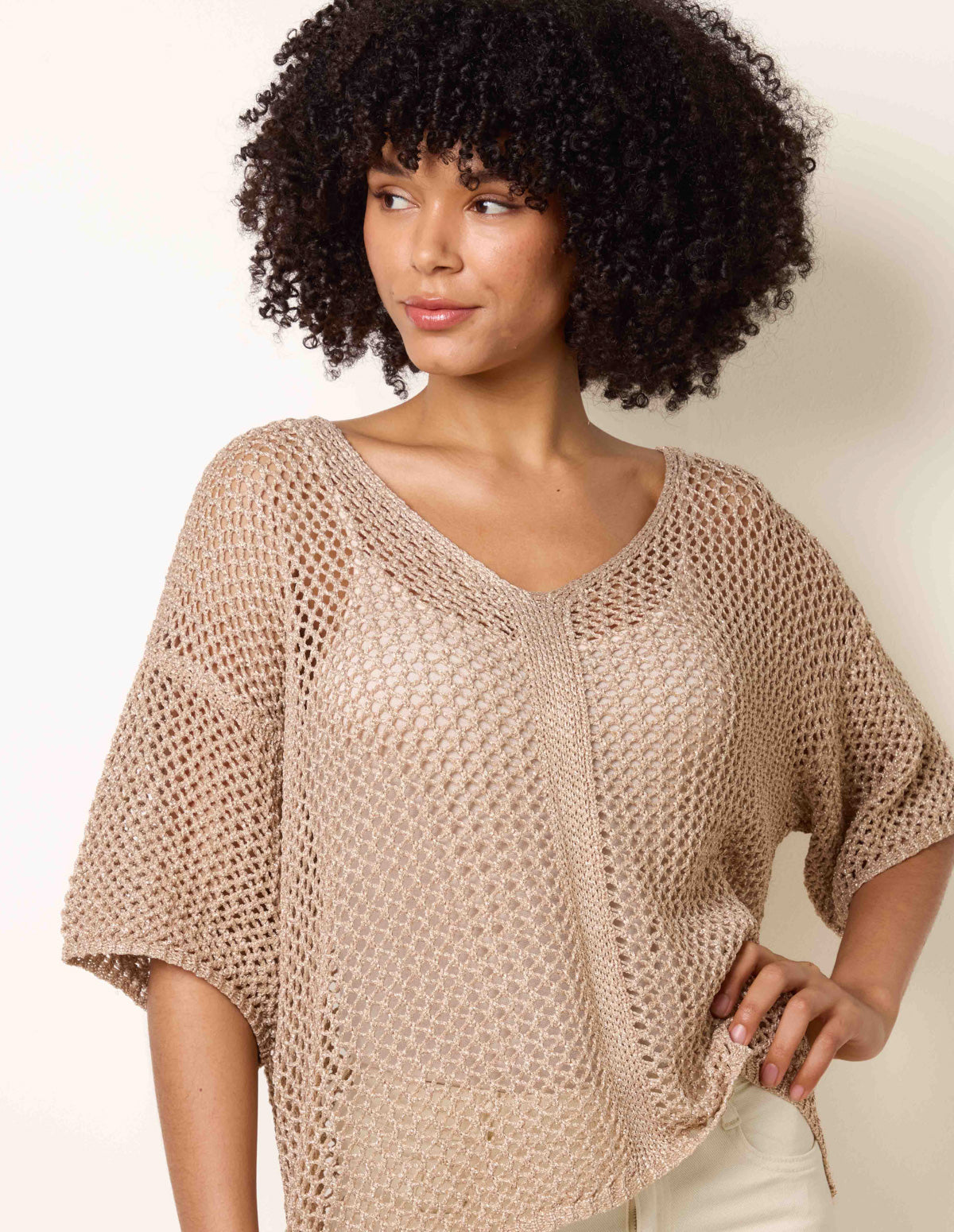 Mesh Knitted Top With Short Sleeves - ONE / GOLD