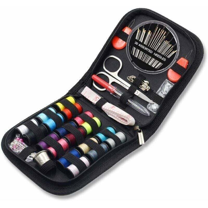Mini sewing kit with 52 sewing supplies, 18 spools of thread with black sewing box for beginners, children, travelers, adult sewing machine, girls