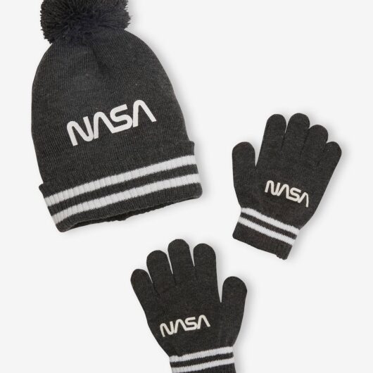 NASA® Beanie + Gloves Set for Boys grey dark solid with design