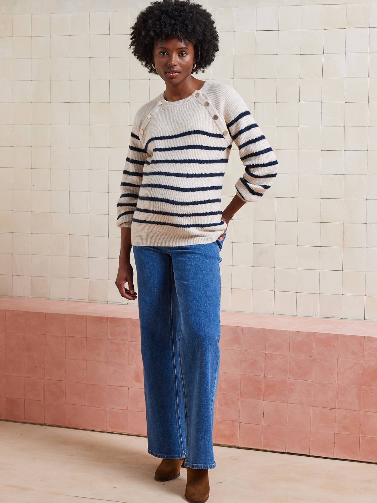Nautical Style Jumper with Shoulder Openings for Maternity & Nursing navy blue