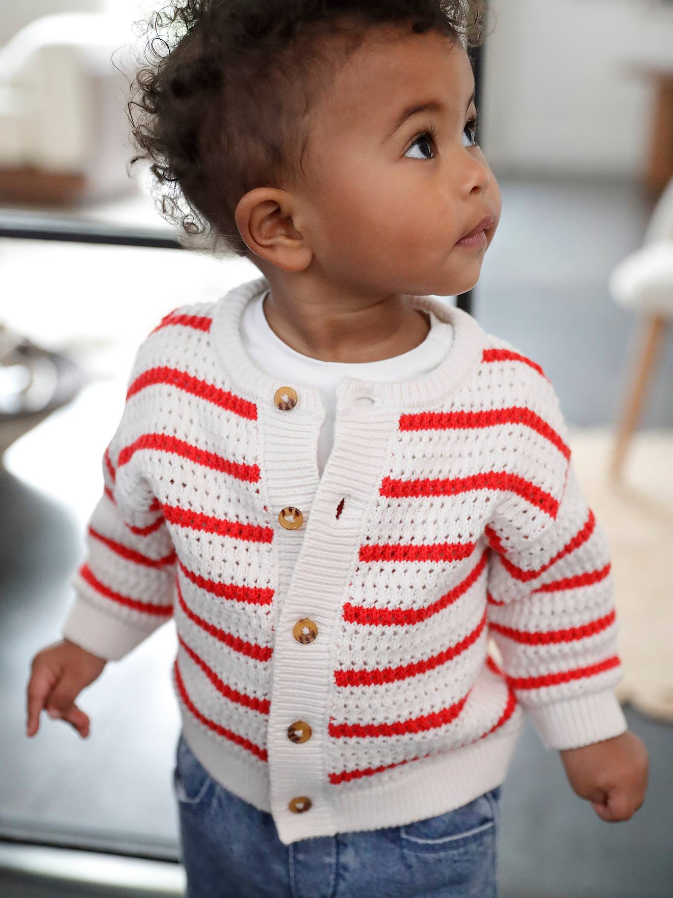 Openwork Knit Cardigan for Babies striped red