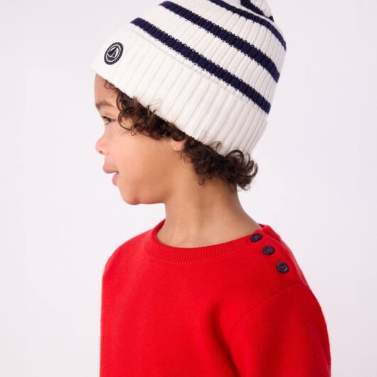 PETIT BATEAU striped beanie for children in knitted fabric with fleece lining navy blue