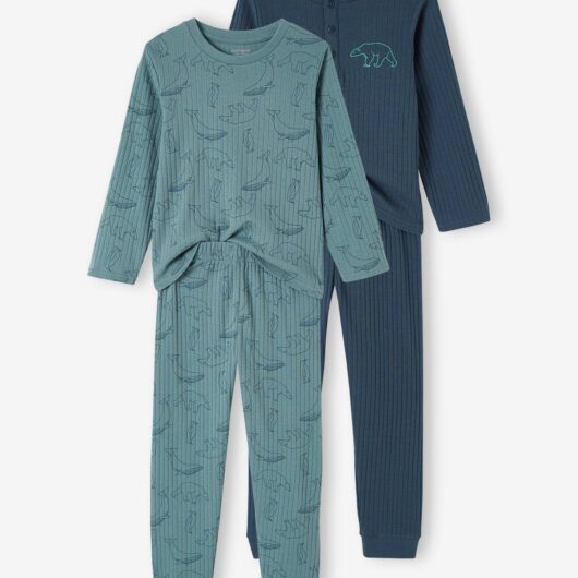 Pack of 2 "Bear" Pyjamas in Rib Knit for Boys emerald green