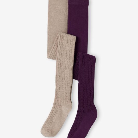 Pack of 2 Pairs of Fancy Cable Knit Tights for Girls aubergine