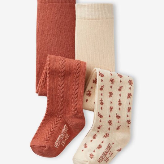 Pack of 2 Pairs of Tights, Flowers/Cable-Knit, for Baby Girls old rose