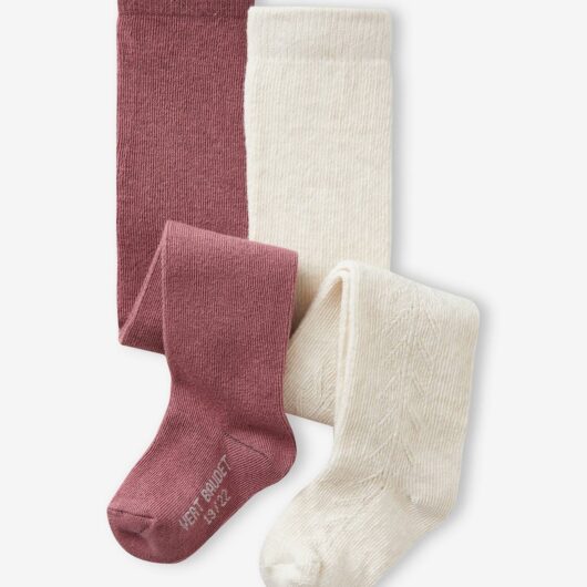 Pack of 2 Pairs of Tights, Openwork/Plain, for Baby Girls plum