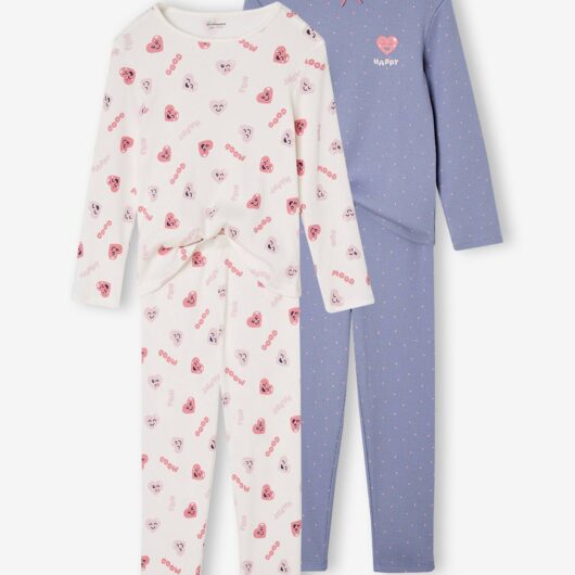Pack of 2 Pyjamas in Ribbed Knit with Heart Print for Girls navy blue
