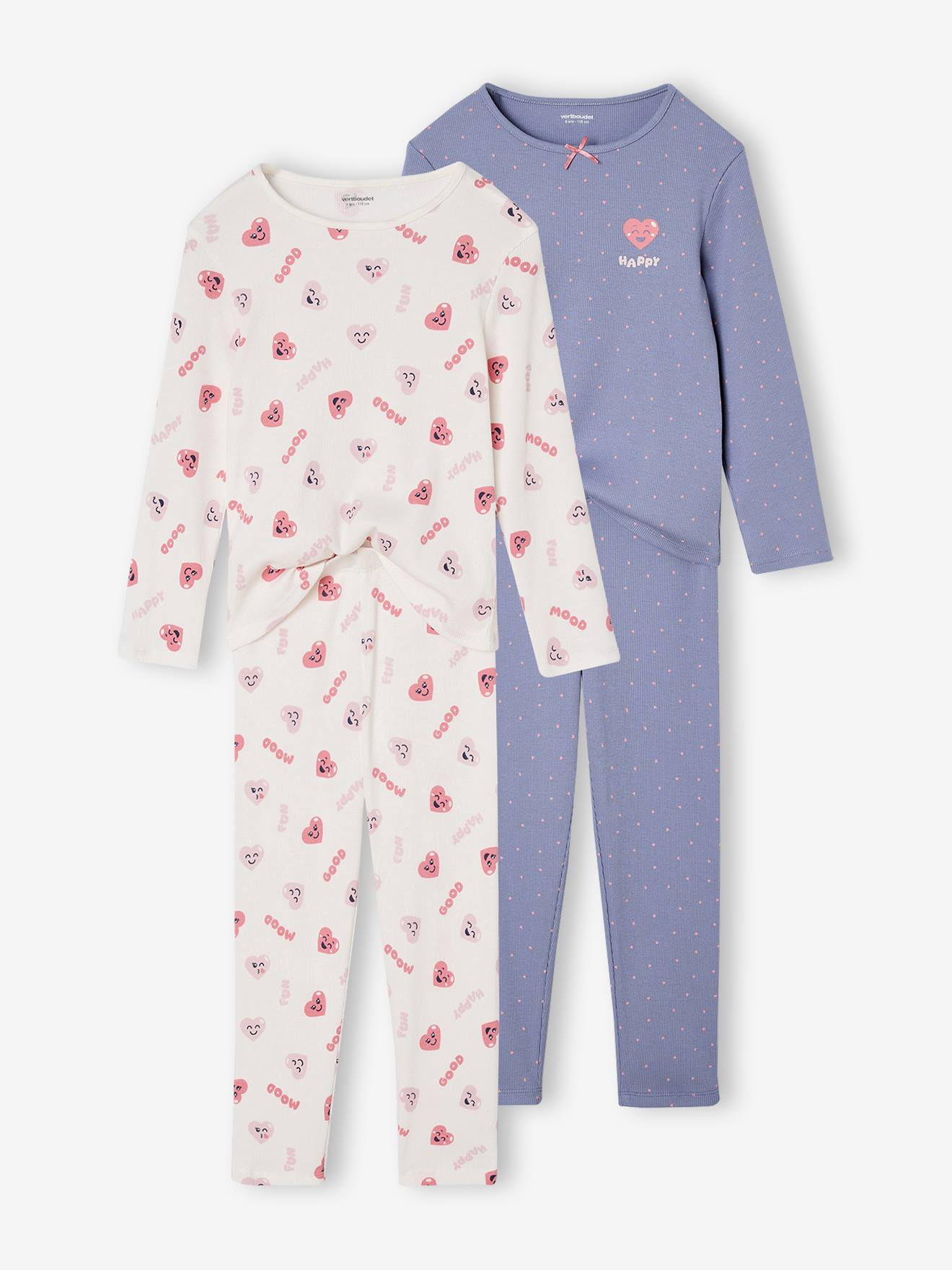 Pack of 2 Pyjamas in Ribbed Knit with Heart Print for Girls navy blue