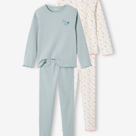 Pack of 2 Rib Knit Pyjamas with Flowers for Girls grey blue