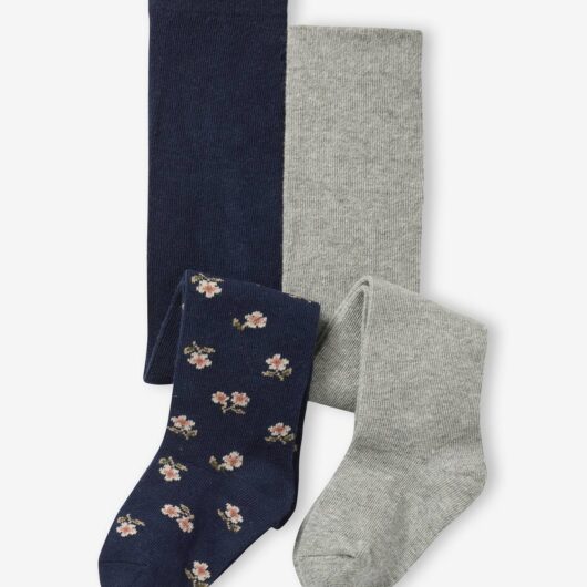 Pack of 2 plain and flower pattern baby girl's tights night blue