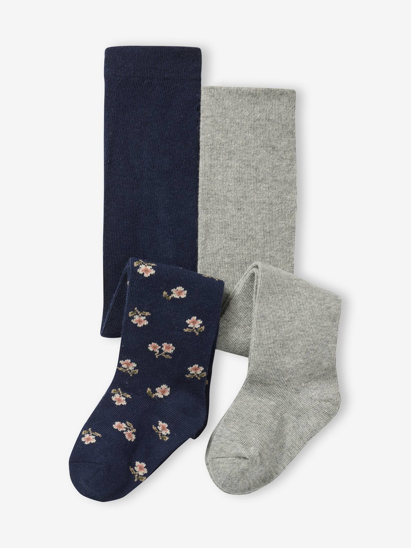 Pack of 2 plain and flower pattern baby girl's tights night blue