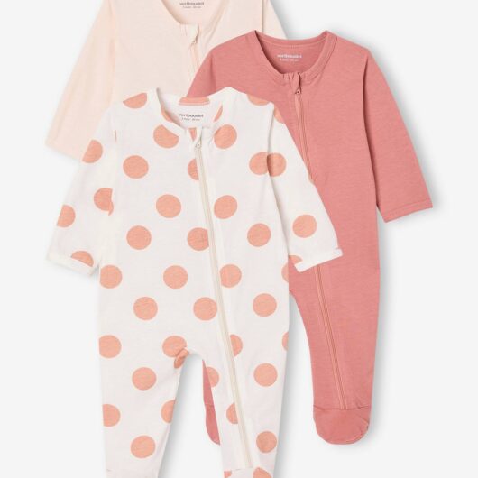Pack of 3 BASICS Jersey Knit Sleepsuits with Zip Fastening, for Babies blush