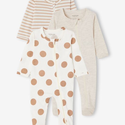 Pack of 3 BASICS Jersey Knit Sleepsuits with Zip Fastening, for Babies cappuccino