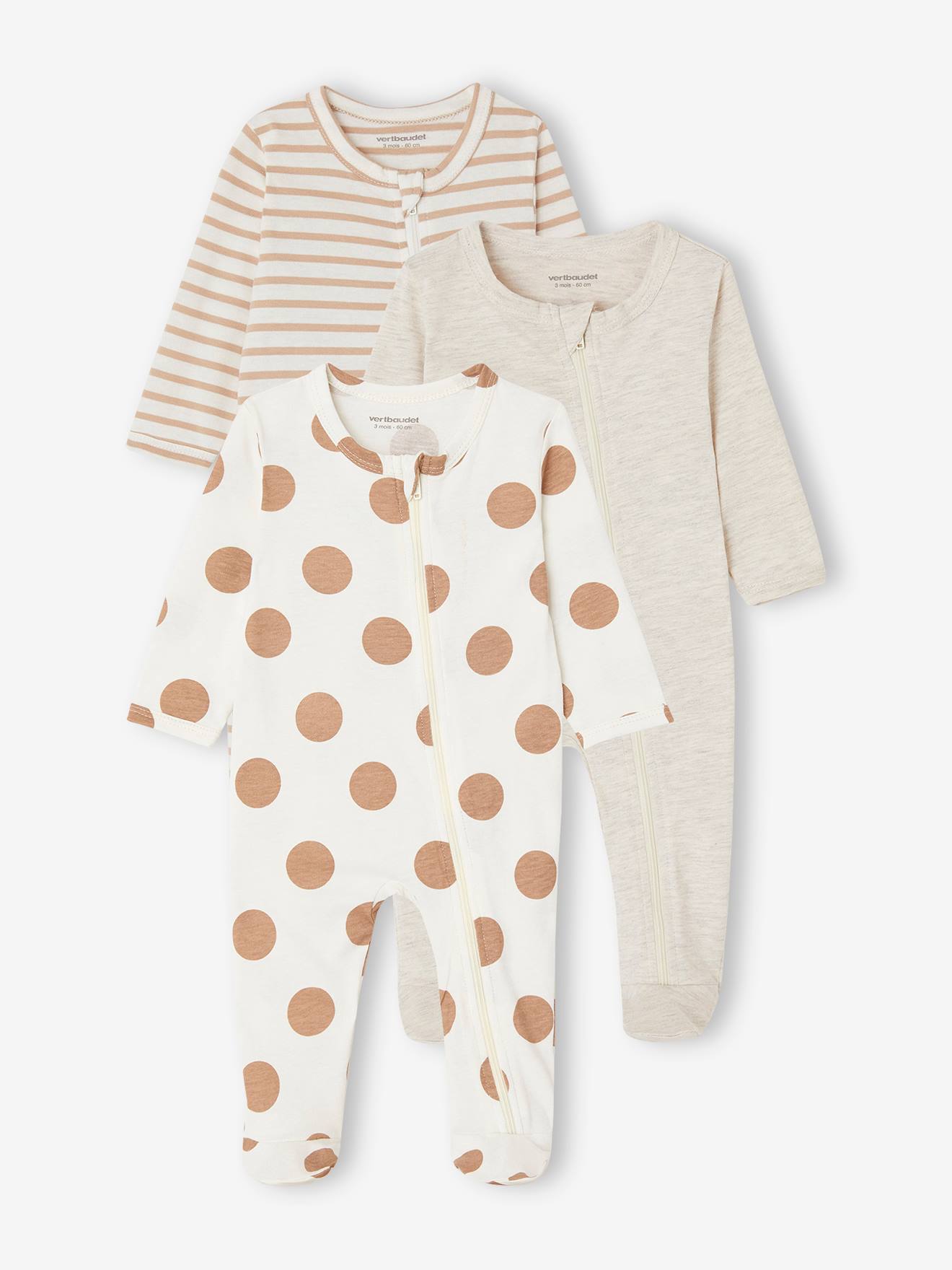 Pack of 3 BASICS Jersey Knit Sleepsuits with Zip Fastening, for Babies cappuccino