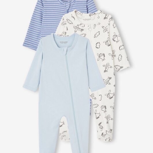 Pack of 3 BASICS Jersey Knit Sleepsuits with Zip Fastening, for Babies chambray blue