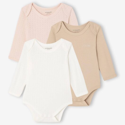 Pack of 3 Bodysuits in Pointelle & Interlock Knit, for Newborns ecru