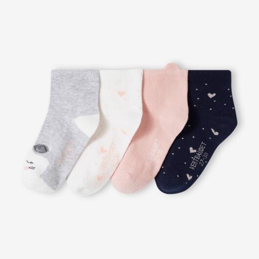 Pack of 4 Pairs of Cat & Hearts Socks for Girls rose