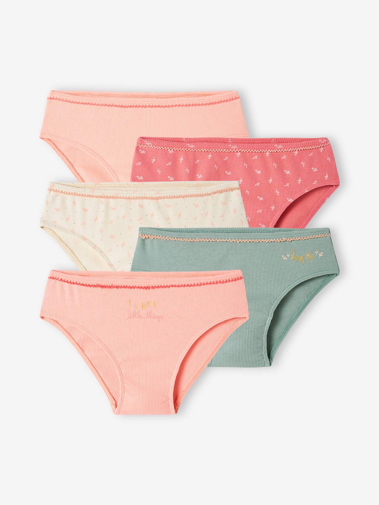 Pack of 5 Fancy Briefs in Rib Knit for Girls nude pink