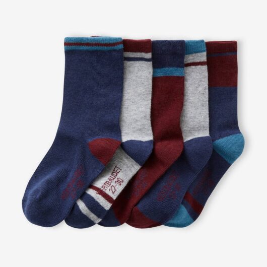 Pack of 5 Pairs of Colourblock Socks for Boys bordeaux red