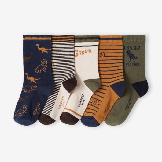 Pack of 5 Pairs of "Dino" Socks for Boys pecan nut