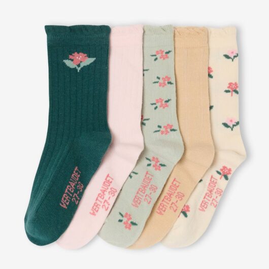Pack of 5 Pairs of Floral Socks for Girls ecru