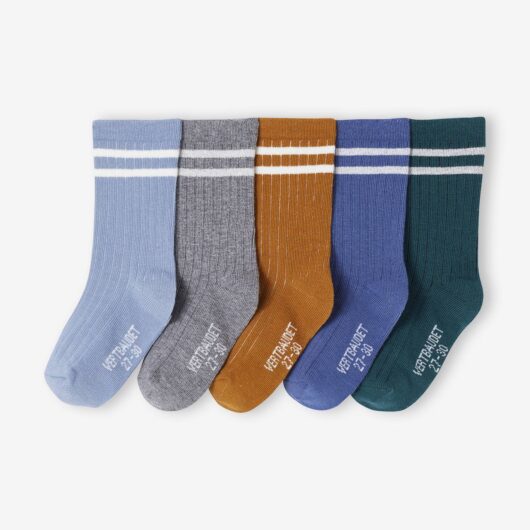 Pack of 5 Pairs of Striped Rib Knit Socks for Boys grey blue