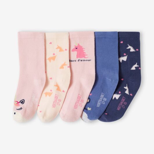 Pack of 5 Pairs of Unicorn Socks for Girls rose