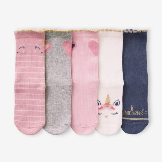 Pack of 5 Pairs of Unicorns & Hearts Socks for Girls rose