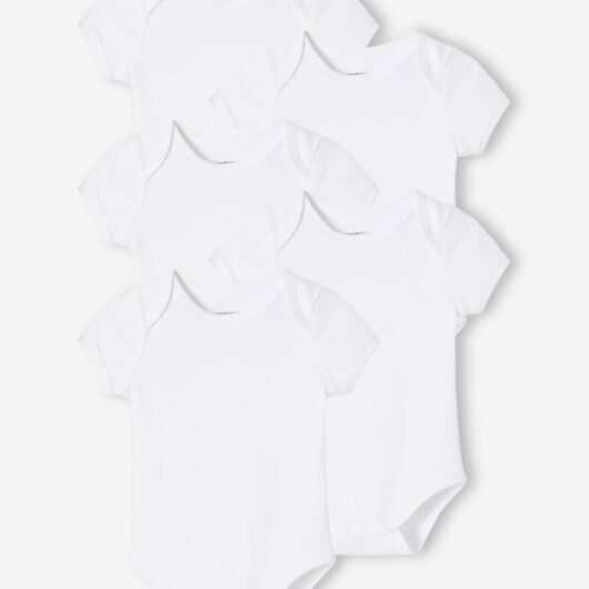 Pack of 5 Short Sleeve Bodysuits in Interlock Knit, Full-Length Opening, for Babies white light two color/multicol