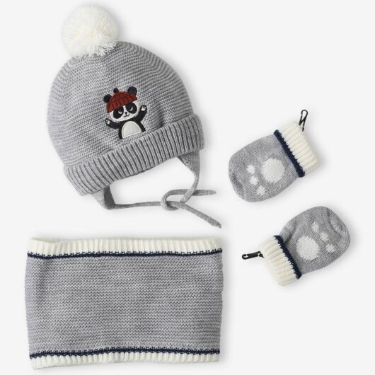 Panda Beanie + Snood + Mittens Set for Baby Boys marl grey