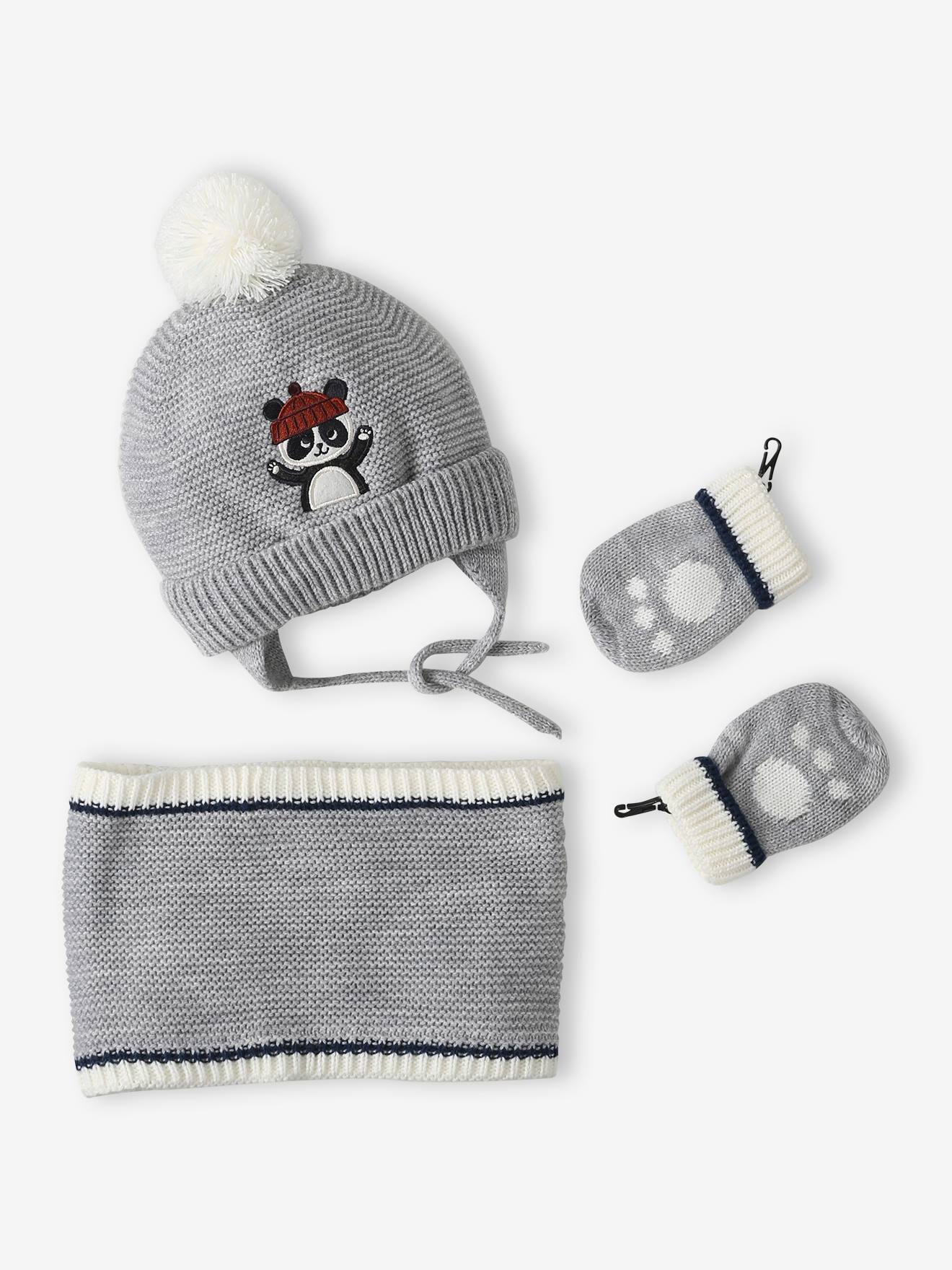 Panda Beanie + Snood + Mittens Set for Baby Boys marl grey