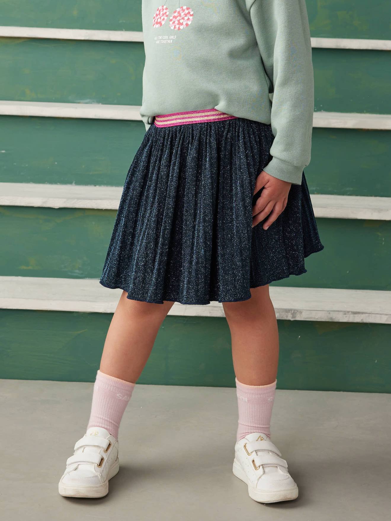 Pleated Glittery Skirt for Girls navy blue