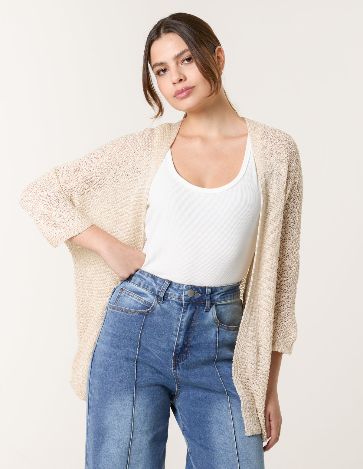 Pointelle Knit Cardigan - S/M / BEIGE