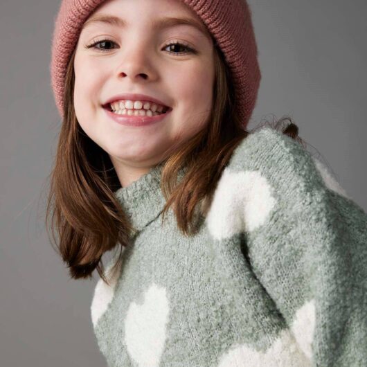 Polo Neck Jumper in Fuzzy Knit with Maxi Motifs for Girls grey green