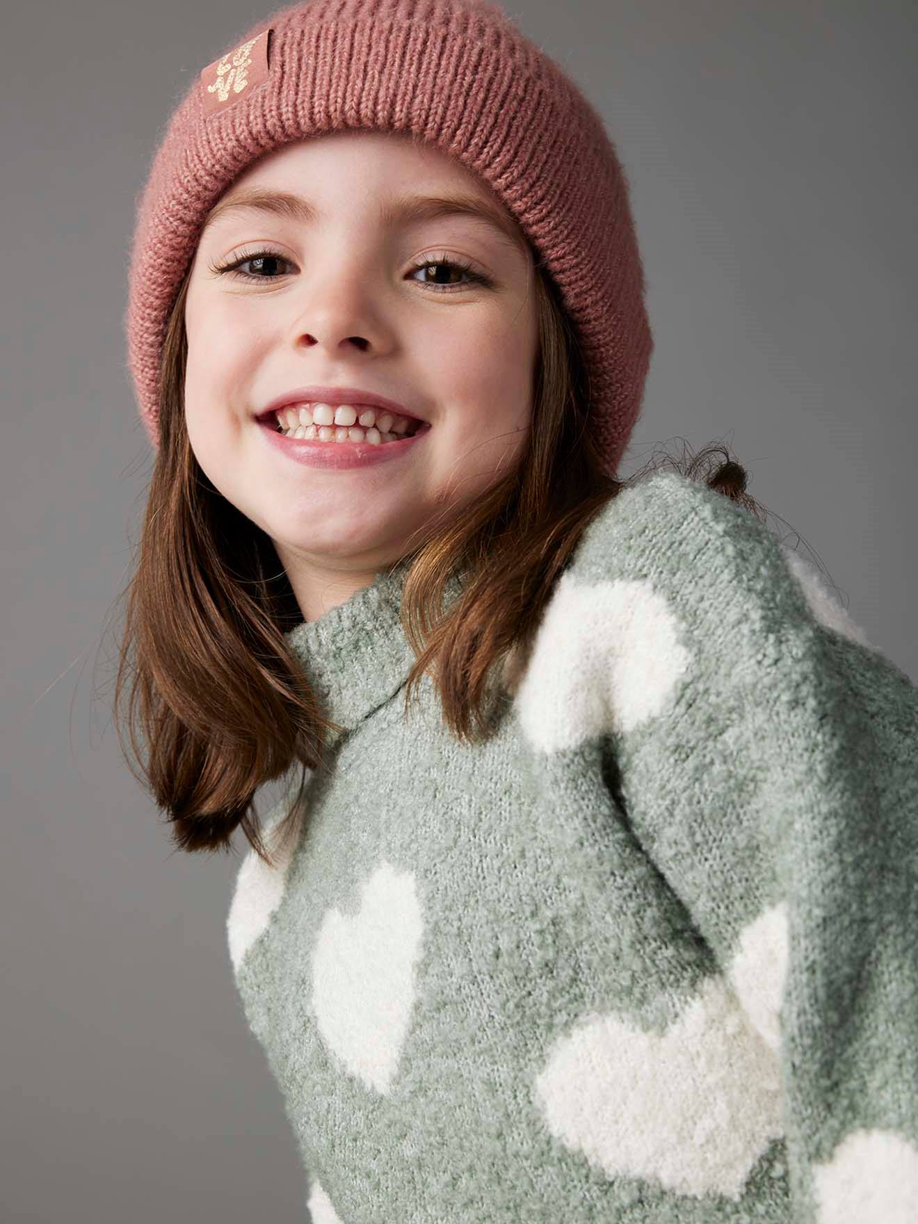 Polo Neck Jumper in Fuzzy Knit with Maxi Motifs for Girls grey green