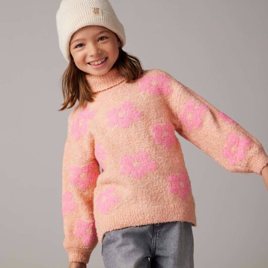 Polo Neck Jumper in Fuzzy Knit with Maxi Motifs for Girls rose