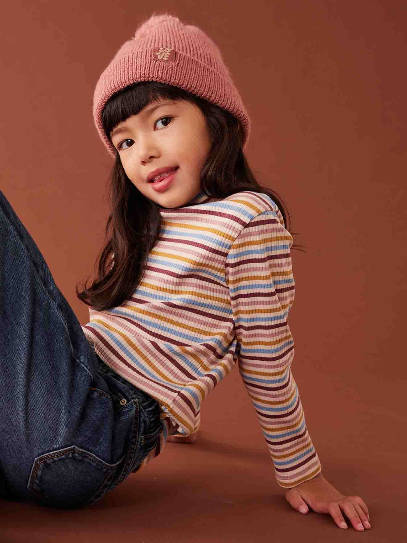 Polo Neck Top in Rib Knit for Girls multicoloured