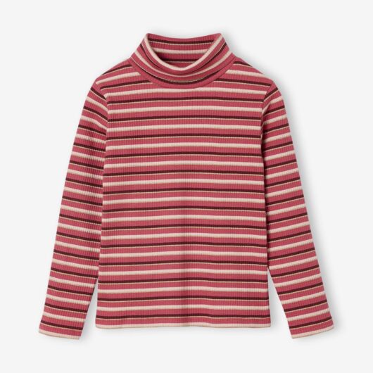 Polo Neck Top in Rib Knit for Girls raspberry pink