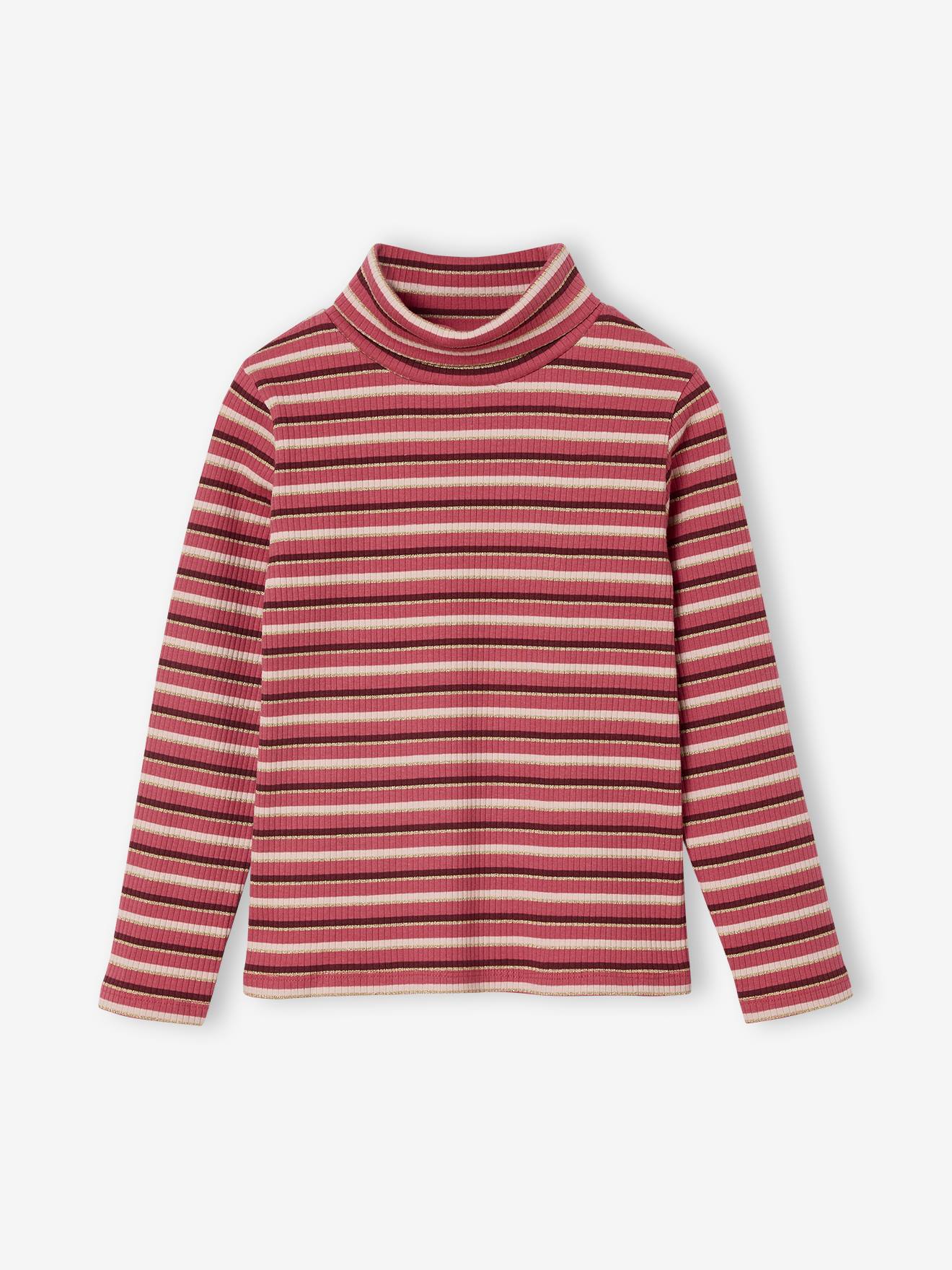 Polo Neck Top in Rib Knit for Girls raspberry pink