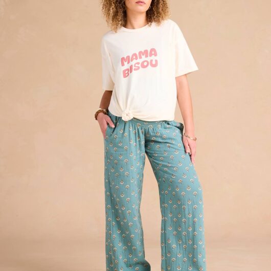Printed Cotton Gauze Wide-Leg Trousers with Belly Band for Maternity by ENVIE DE FRAISE green