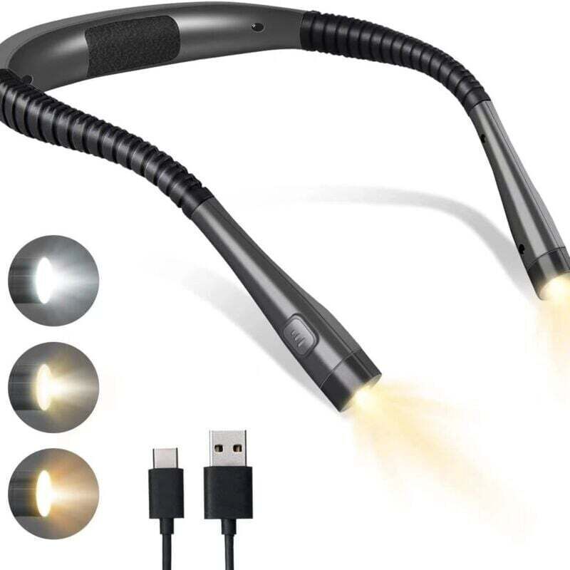 Rechargeable neck reading lamp, bedside lamp, 3 colors, 6 brightness levels, foldable arms, long battery life, perfect for reading, knitting and