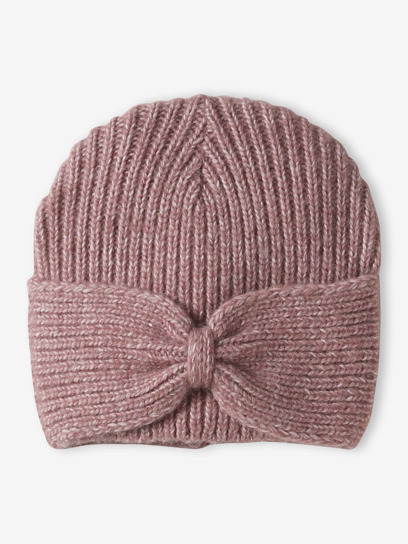 Rib Knit Beanie with Fancy Bow, for Girls old rose