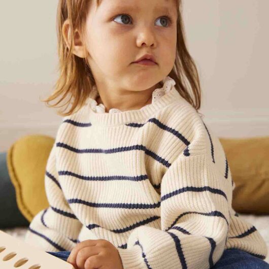 Rib Knit Jumper with Broderie Anglaise Collar for Babies striped navy blue