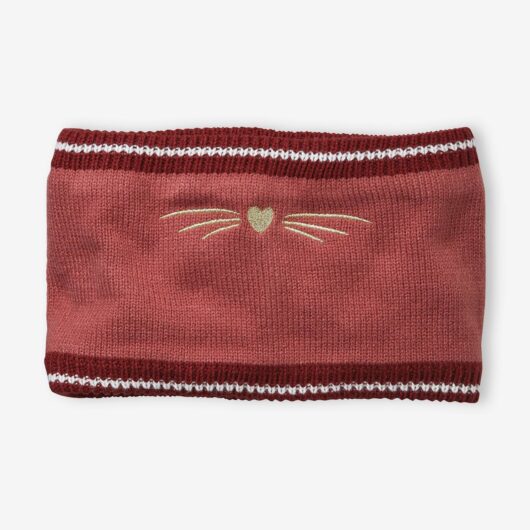 Rib Knit Snood with Embroidered Cat pink dark solid with design