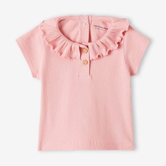 Rib Knit T-Shirt with Frilled Collar for Babies rose