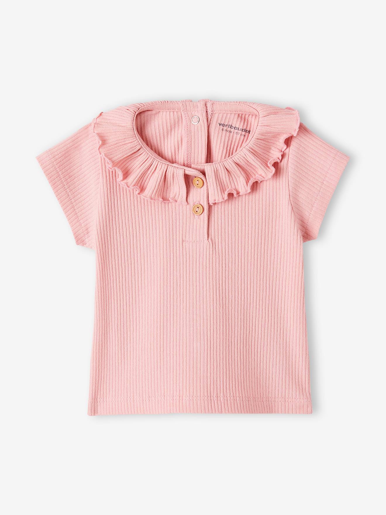 Rib Knit T-Shirt with Frilled Collar for Babies rose