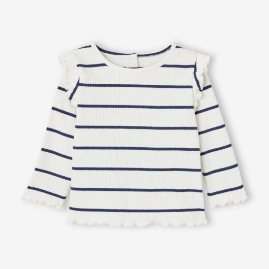 Rib Knit T-Shirt with Ruffled Sleeves for Baby Girls ecru