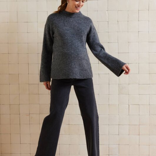 Round-Neck Jumper for Nursing, in Jersey Knit with Wool anthracite