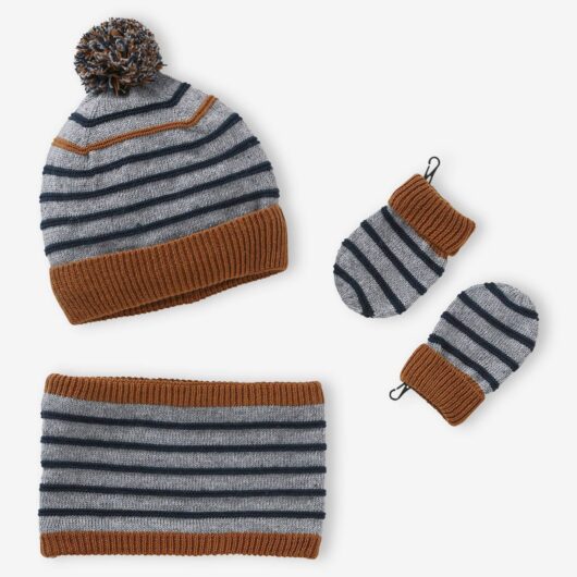 Sailor-Style Beanie + Snood + Mittens Set for Baby Boys marl grey